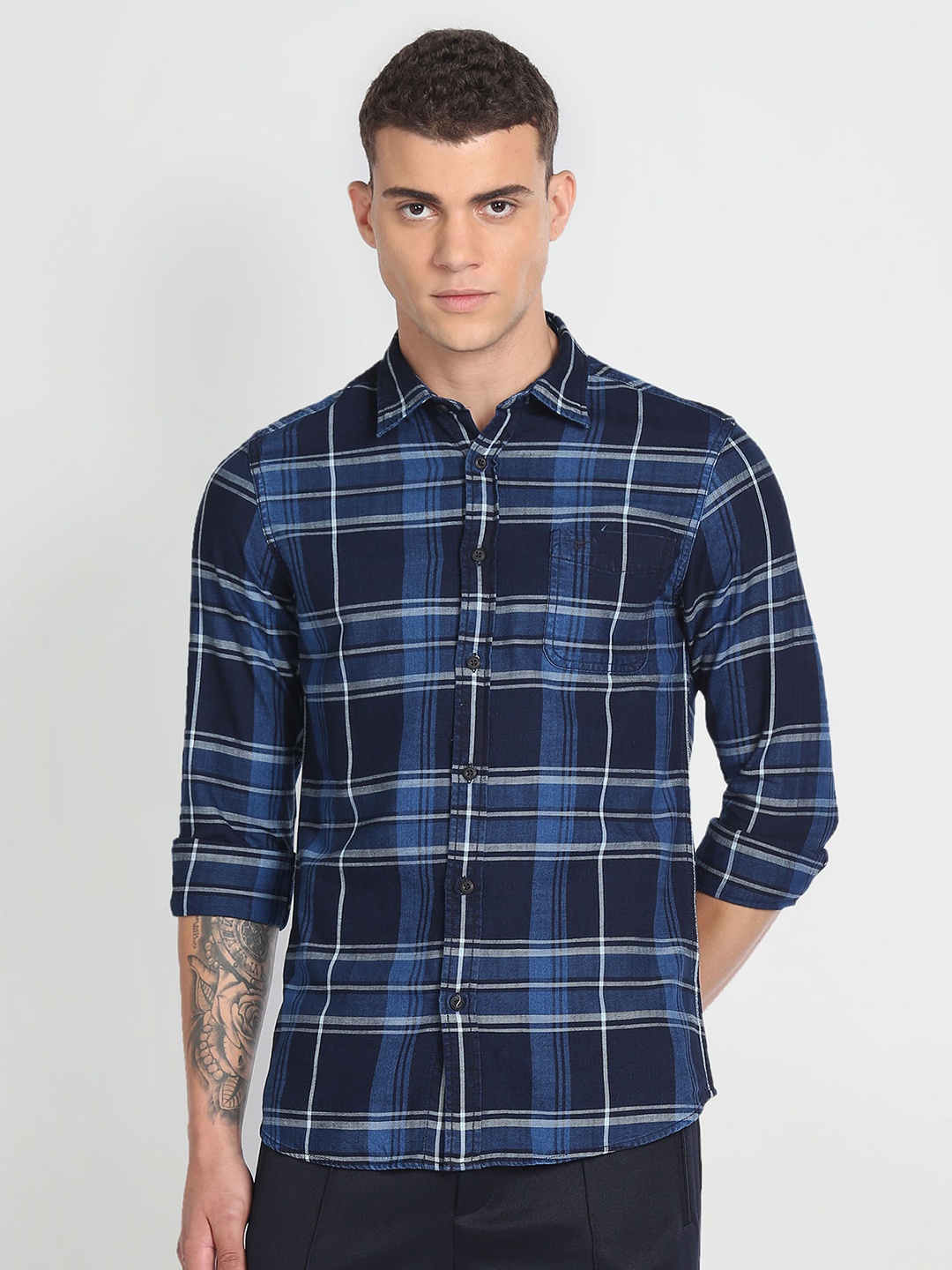 

Flying Machine Slim Fit Tartan Checked Opaque Cotton Casual Shirt, Blue