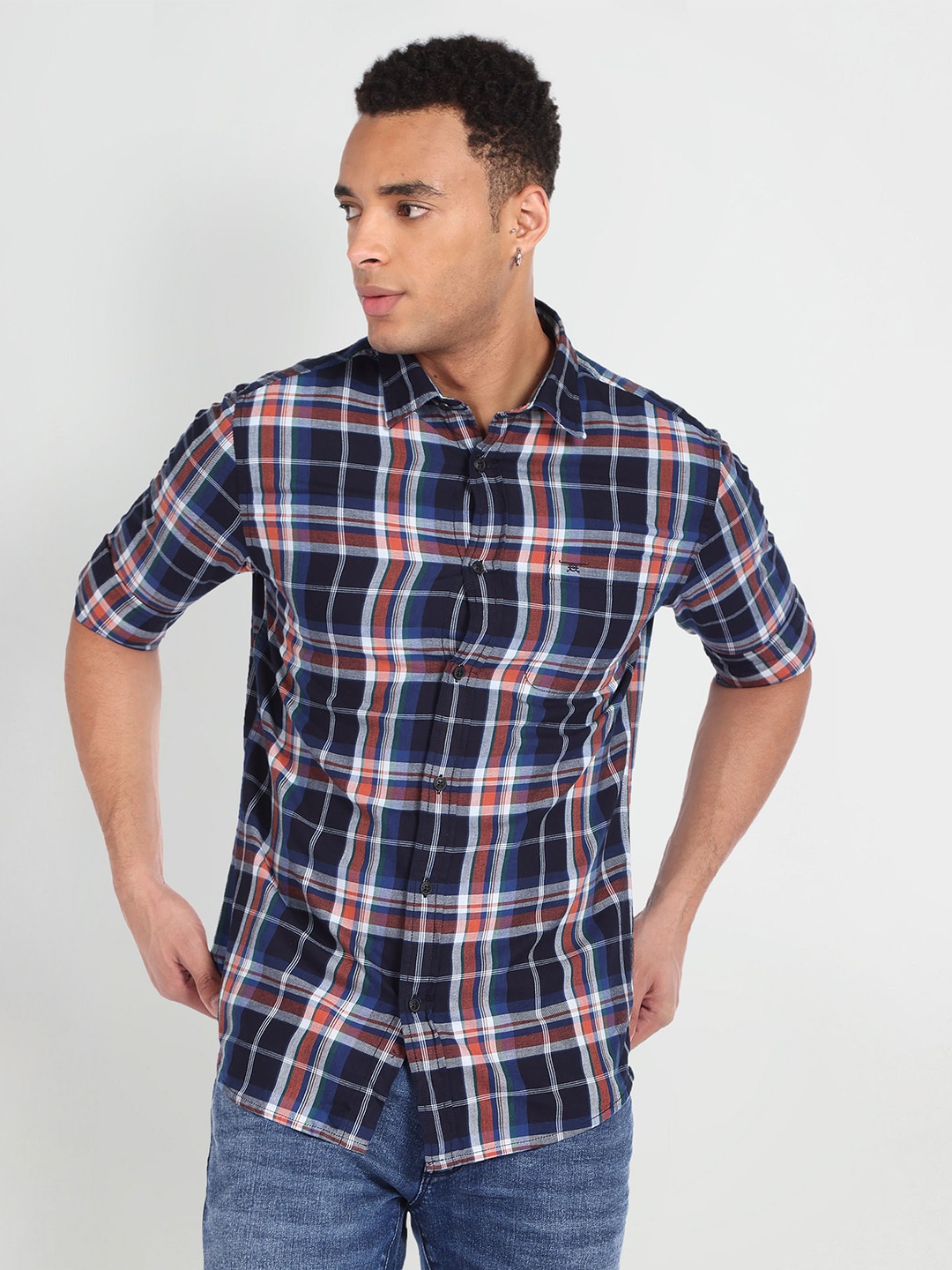 

Flying Machine Slim Fit Tartan Checks Checked Cotton Casual Shirt, Blue