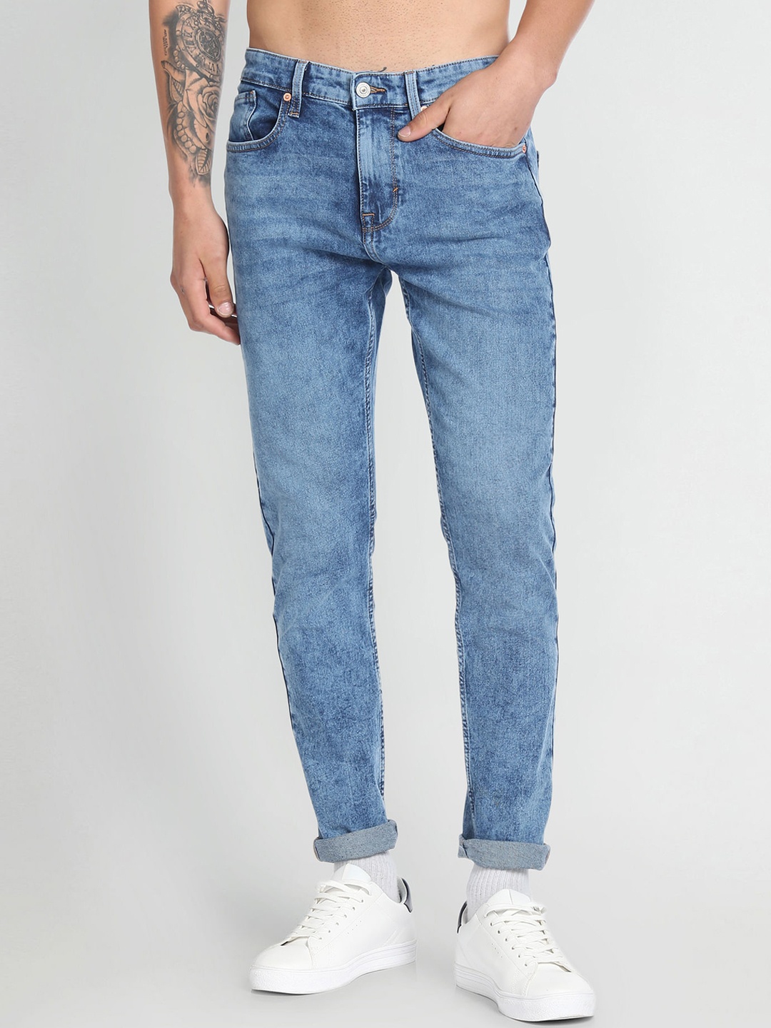 

Flying Machine Men Clean Look Heavy Fade Tapered Fit Stretchable Jeans, Blue