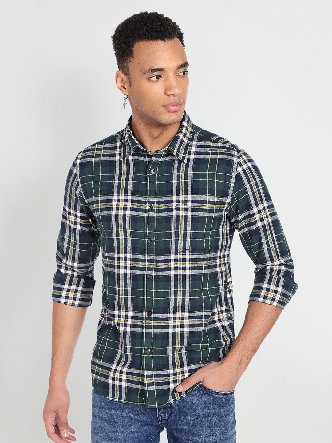

Flying Machine Slim Fit Tartan Checked Opaque Cotton Casual Shirt, Green