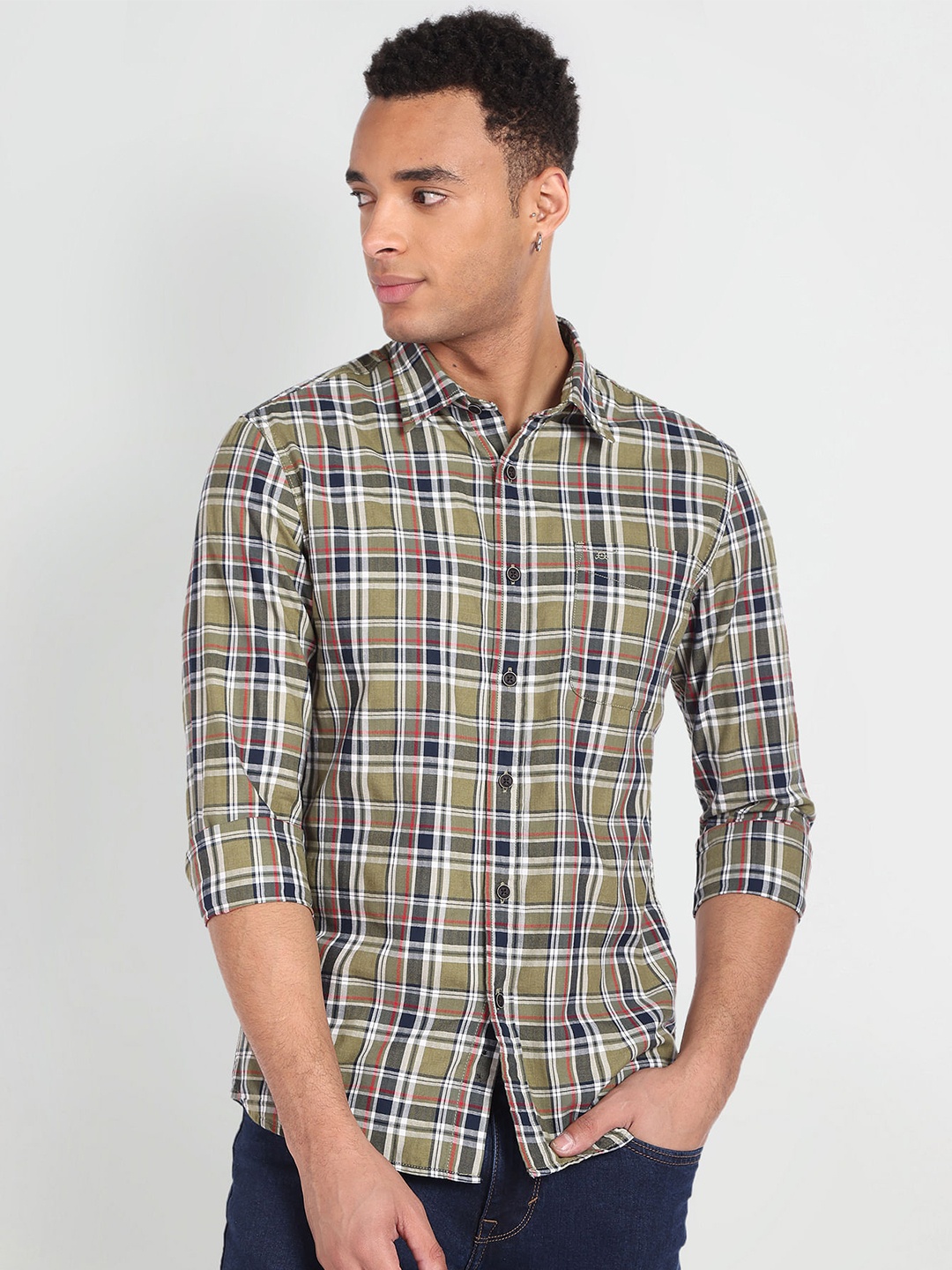 

Flying Machine Men Slim Fit Tartan Checked Casual Shirt, Olive