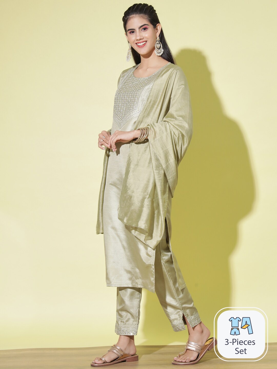 

PPTOSS Ethnic Motifs Yoke Design Thread Work Kurta With Trousers & Dupatta, Green