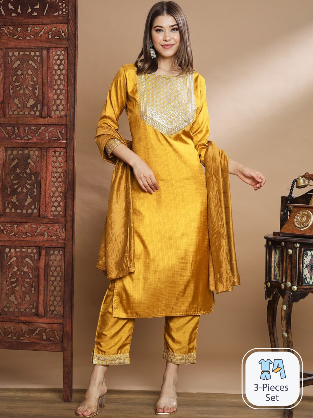 

PPTOSS Floral Embroidered Thread Work Kurta With Trousers & Dupatta, Mustard