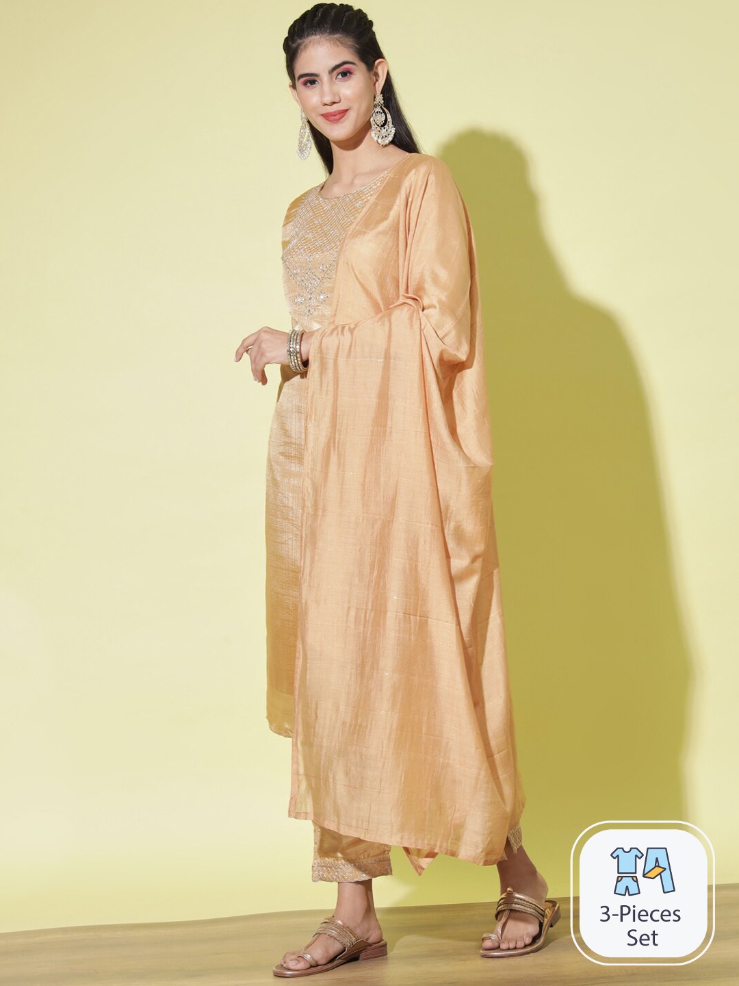 

PPTOSS Floral Embroidered Regular Thread Work Kurta With Trousers & Dupatta, Cream