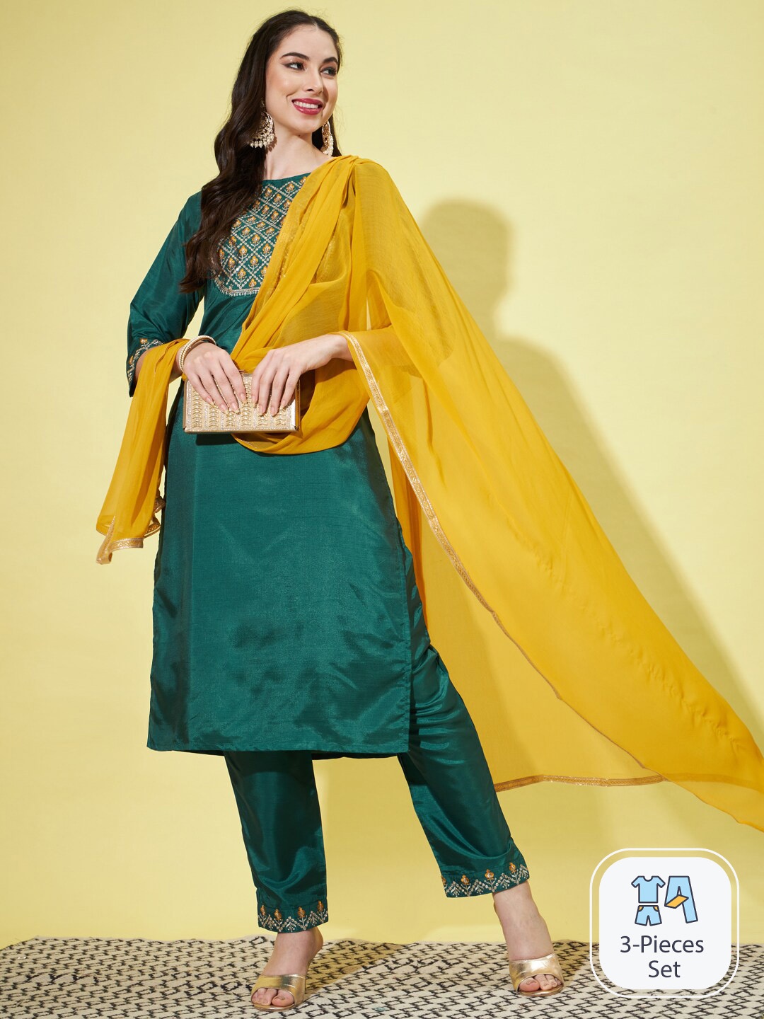 

PPTOSS Floral Yoke Embroidered Sequinned Kurta with Trousers & With Dupatta, Green