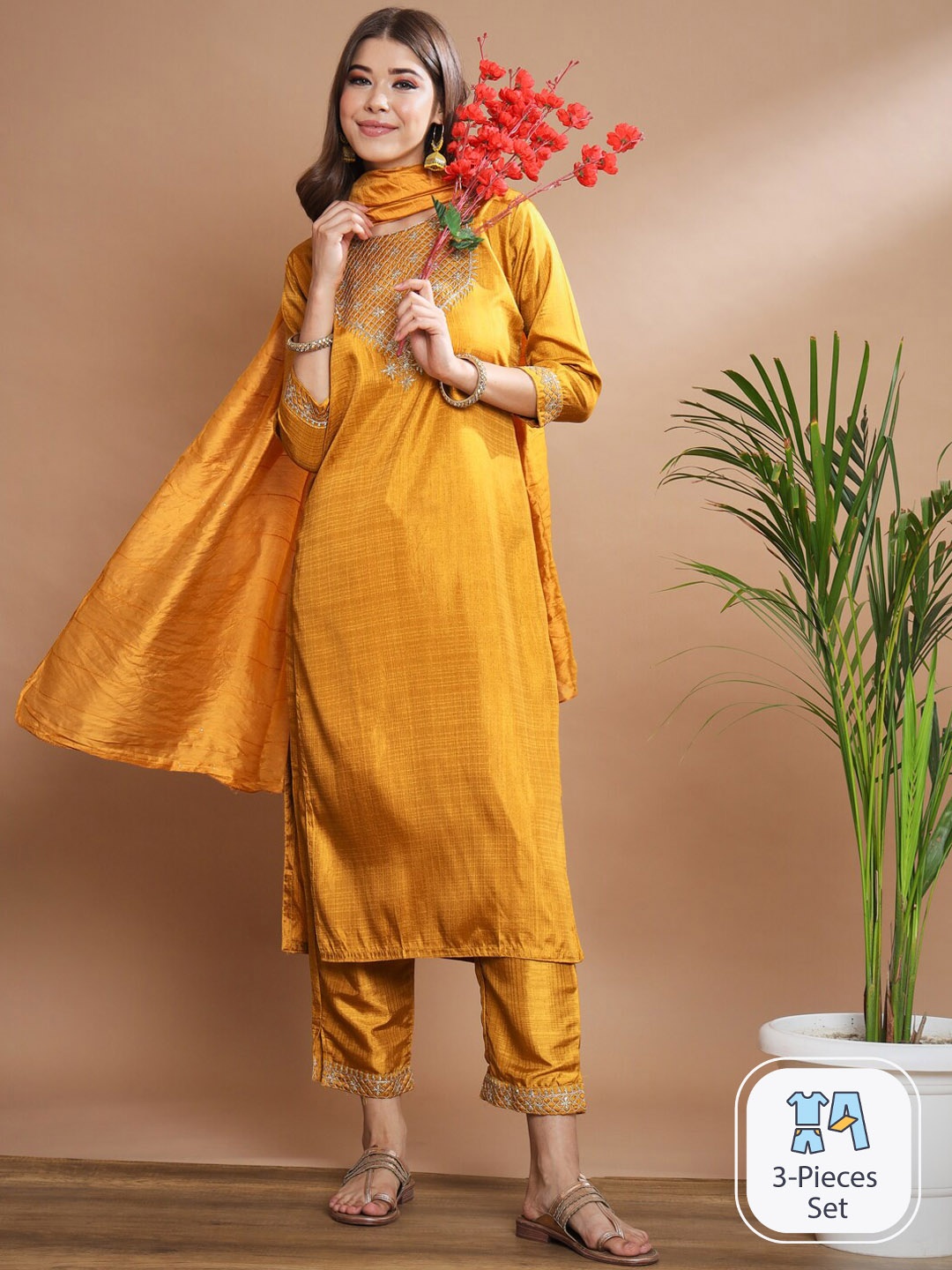 

PPTOSS Floral Embroidered Thread Work Kurta With Trousers & Dupatta, Mustard