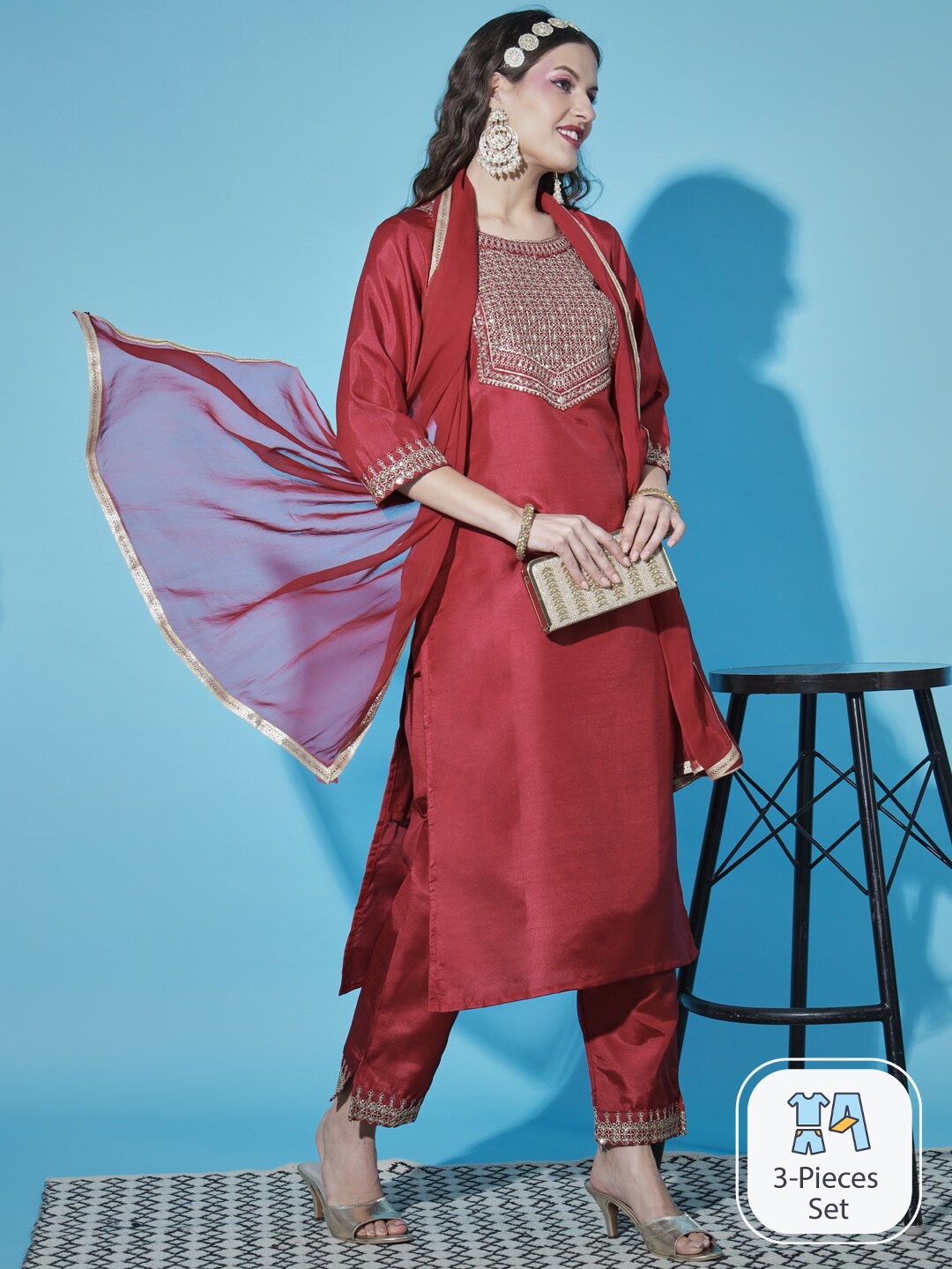 

PPTOSS Floral Embroidered Thread Work Kurta with Trousers & Dupatta, Red