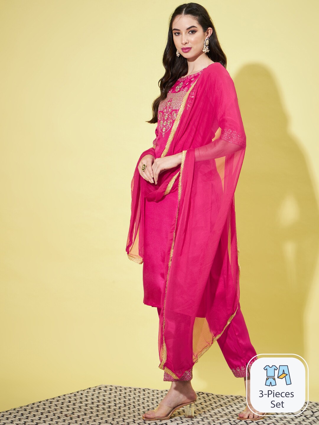 

PPTOSS Floral Yoke Design Regular Thread Work Kurta With Trousers & Dupatta, Pink