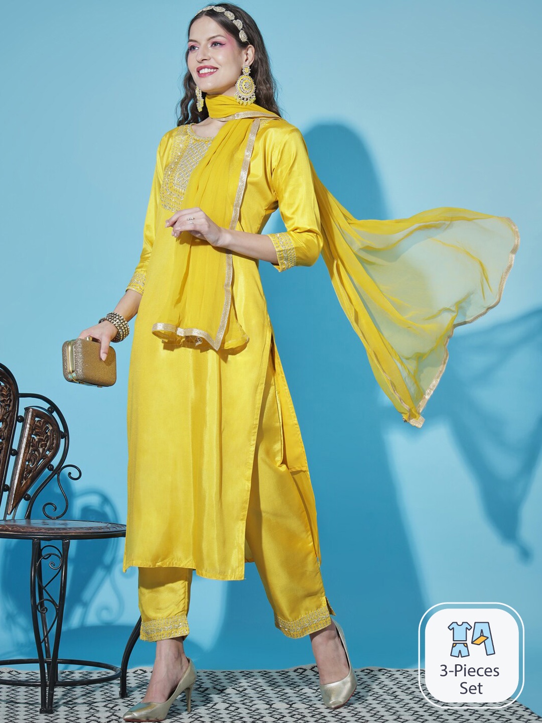 

PPTOSS Ethnic Motifs Yoke Design Regular Kurta With Trousers & With Dupatta, Yellow