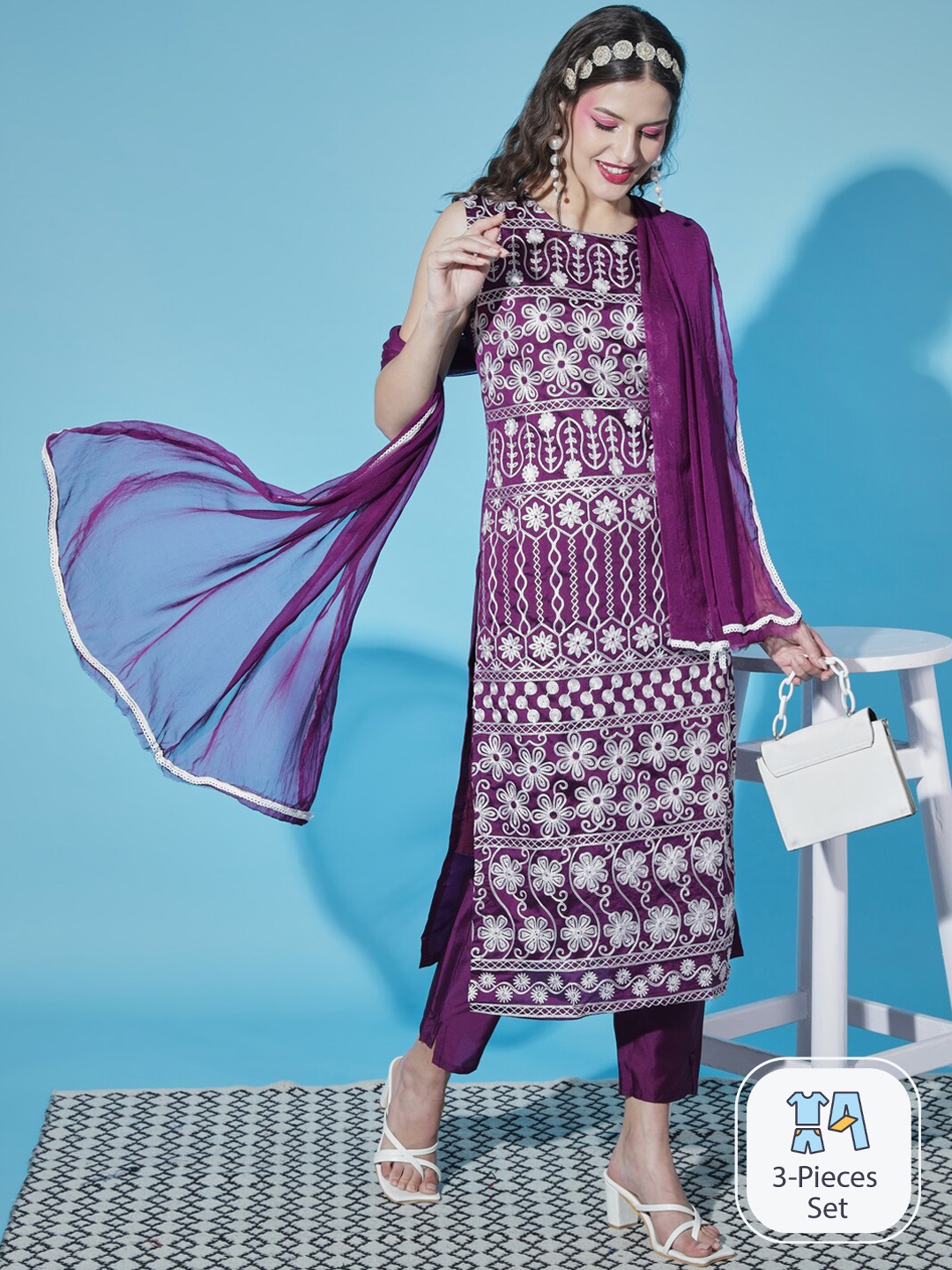 

PPTOSS Ethnic Motifs Embroidered Thread Work Kurta With Trousers & Dupatta, Purple