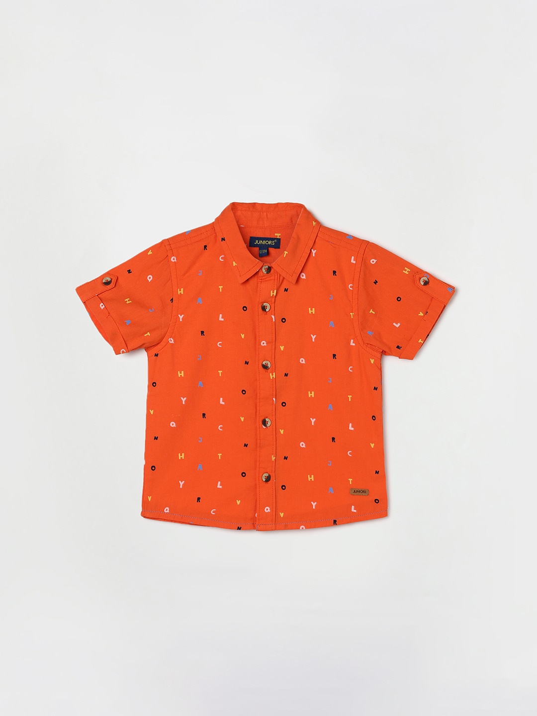 

Juniors by Lifestyle Boys Typography Printed Roll Up Sleeves Pure Cotton Casual Shirt, Orange