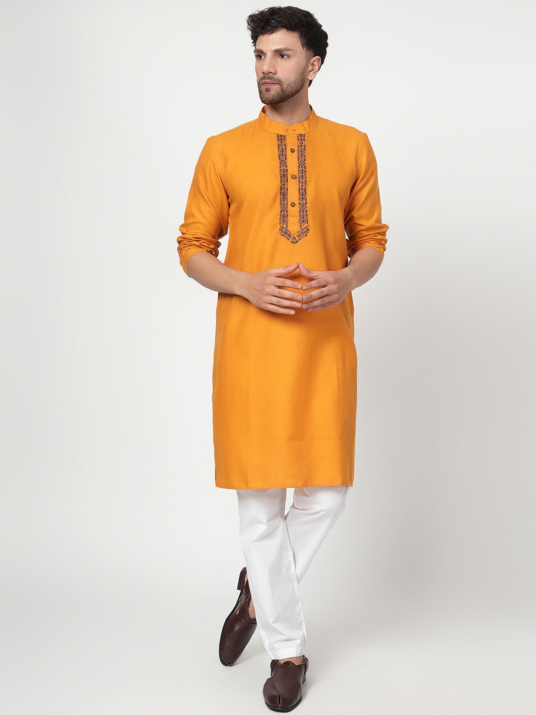 

Spring Soul Mandarin Collar Thread Work Straight Kurta, Yellow