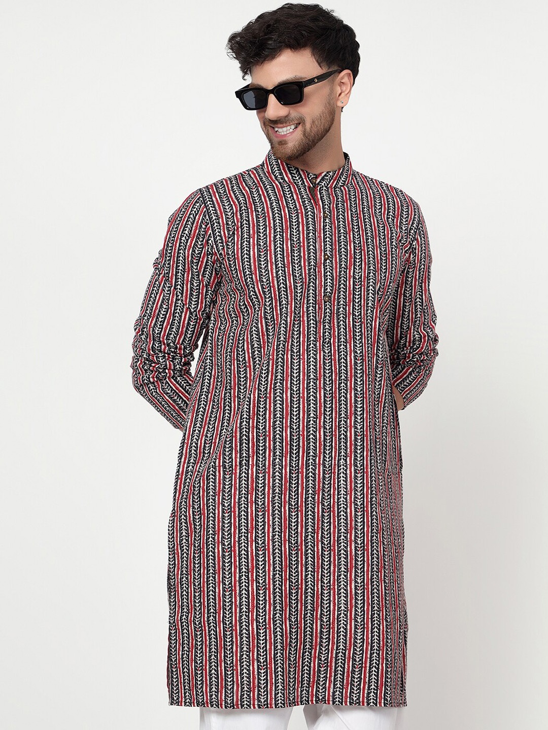 

Spring Soul Ethnic Motifs Striped Band Collar Cotton Straight Kurta, Red