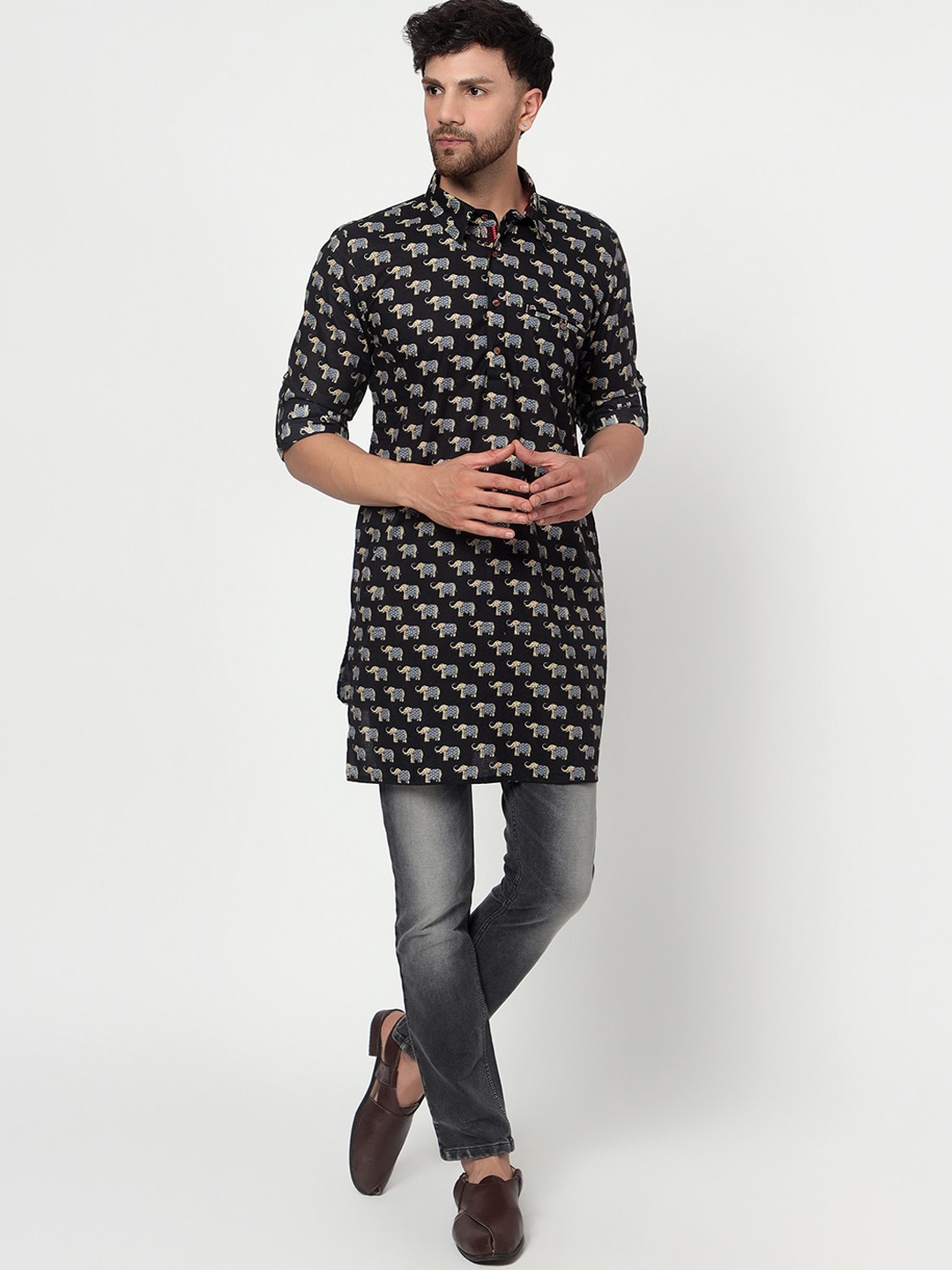 

Spring Soul Ethnic Motifs Printed Shirt Collar Cotton Straight Kurta, Black