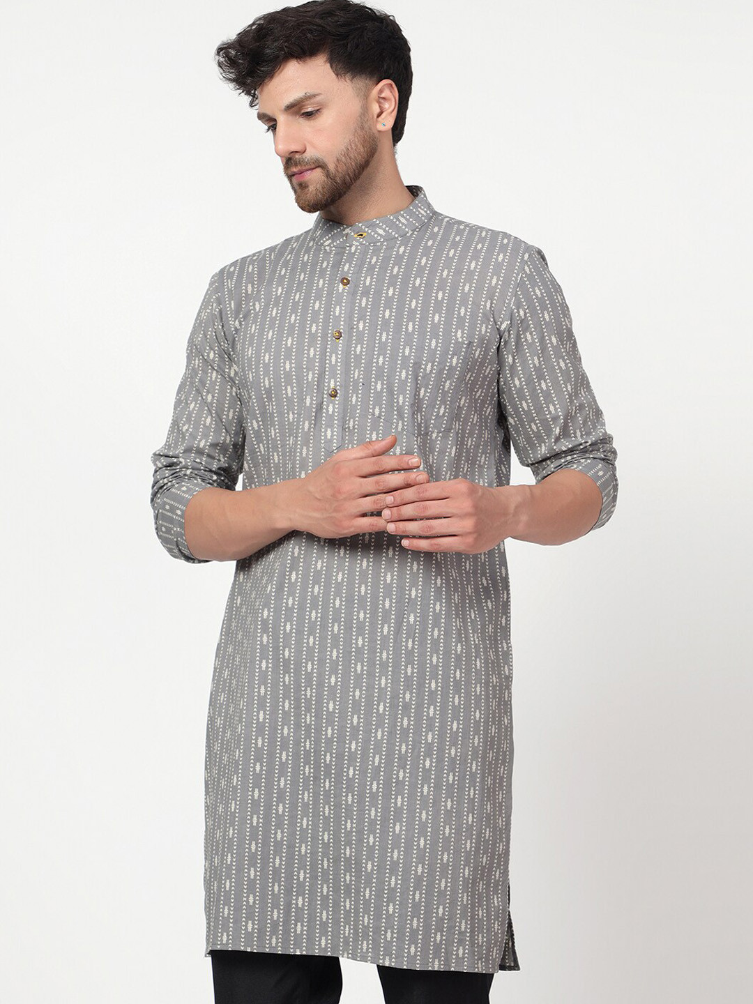

Spring Soul Ethnic Motifs Woven Design Mandarin Collar Straight Cotton Kurta, Grey