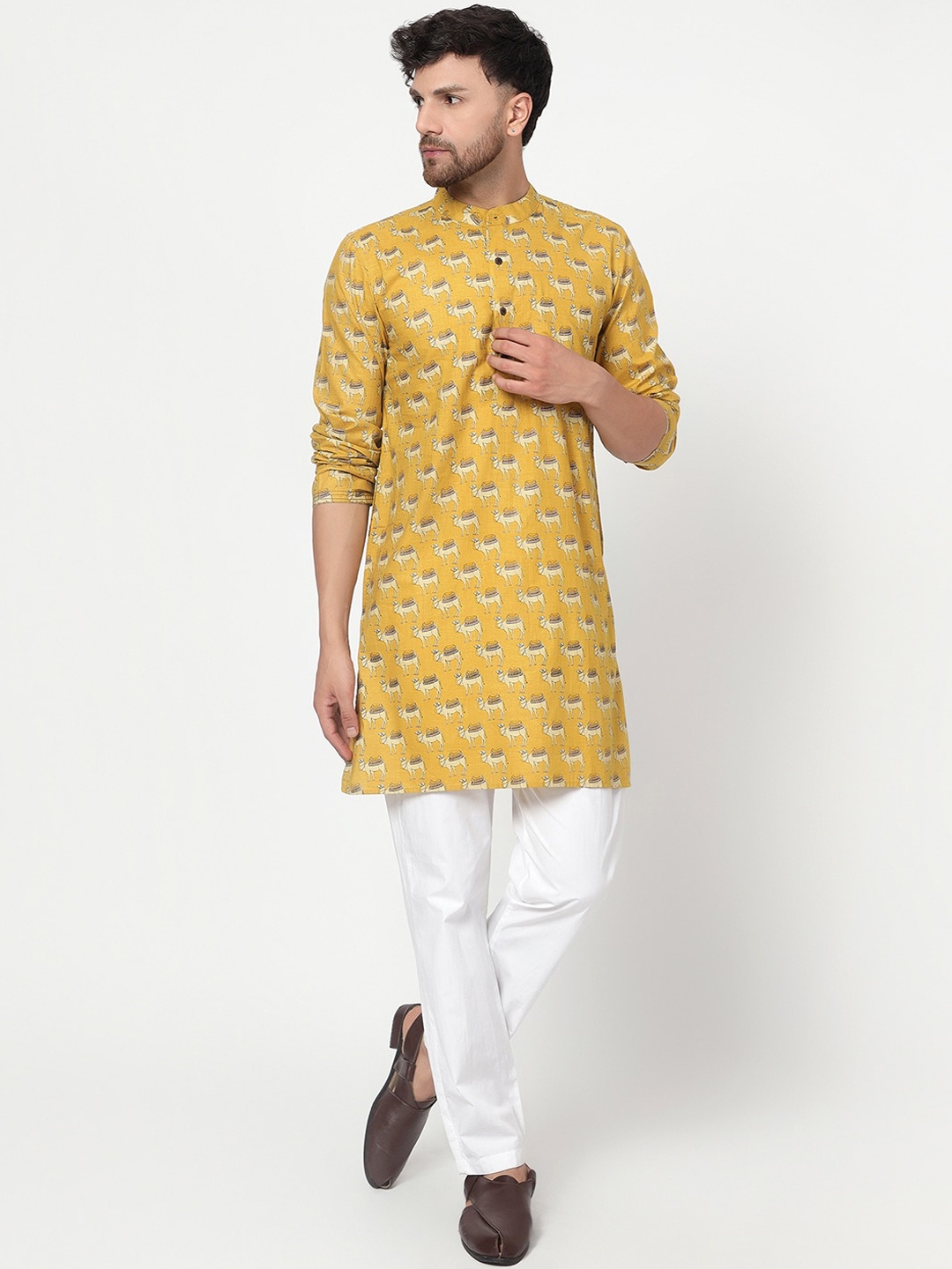 

Spring Soul Conversational Printed band Collar Cotton Straight Kurta, Yellow