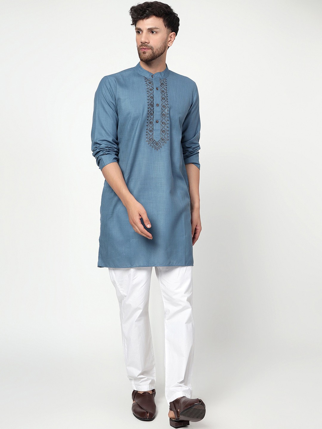 

Spring Soul Ethnic Motifs Yoke Design Thread Work Band Collar Cotton Silk Straight Kurtas, Blue