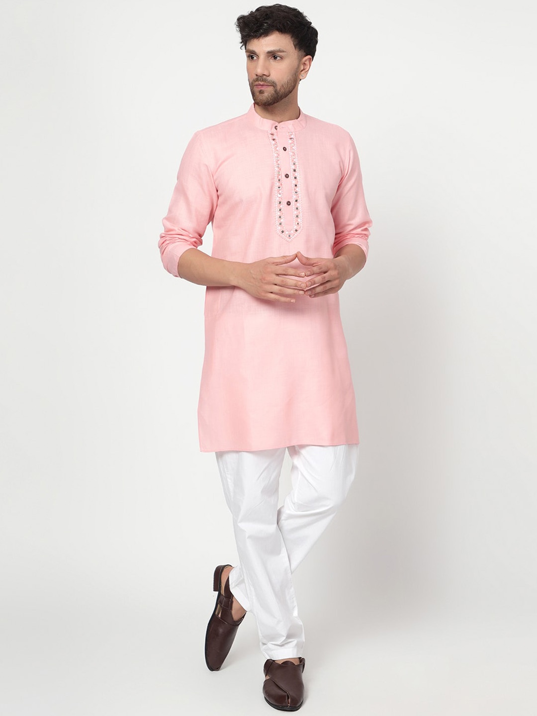 

Spring Soul Mandarin Collar Mirror Work Detail Kurta, Pink