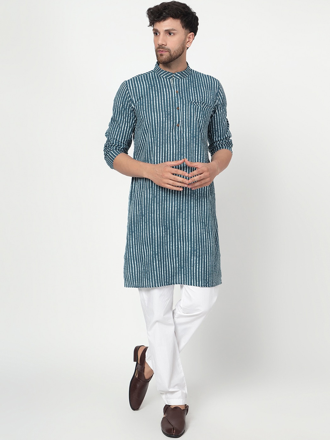 

Spring Soul Striped Band Collar Cotton Straight Kurta, Teal