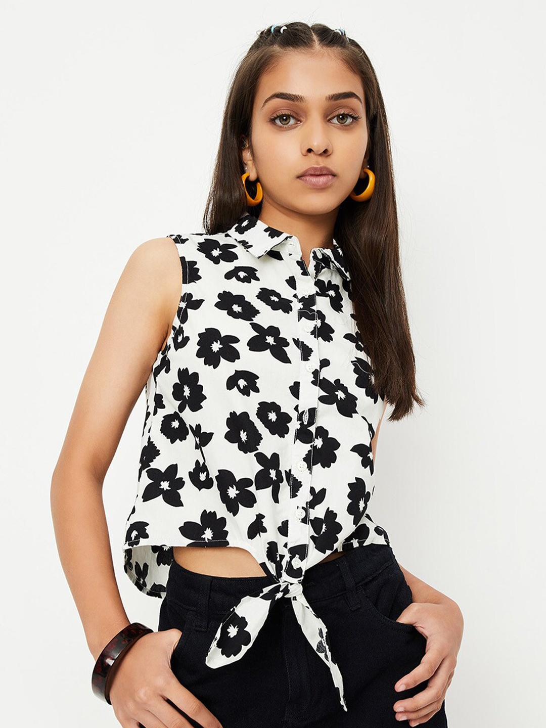 

max Girls Floral Printed Pure Cotton Shirt Style Top, Black