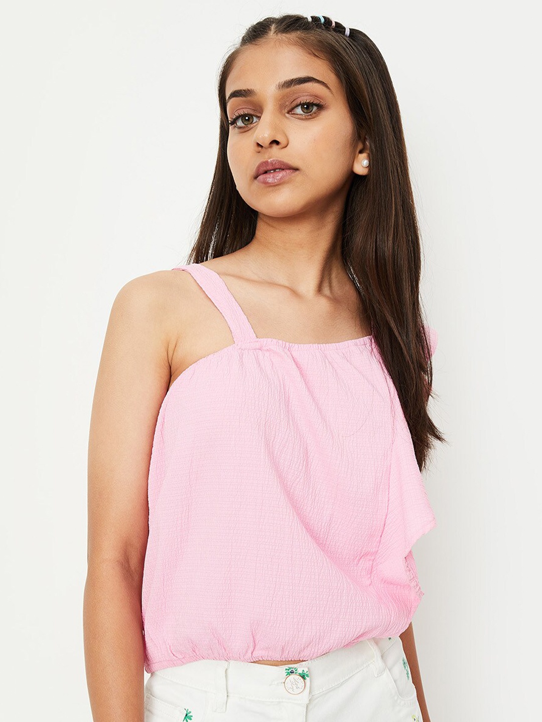 

max Girls One Shoulder Pure Cotton Top, Pink
