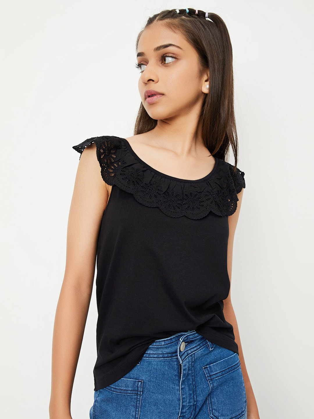 

max Girls Sleeveless Ruffled Pure Cotton Top, Black