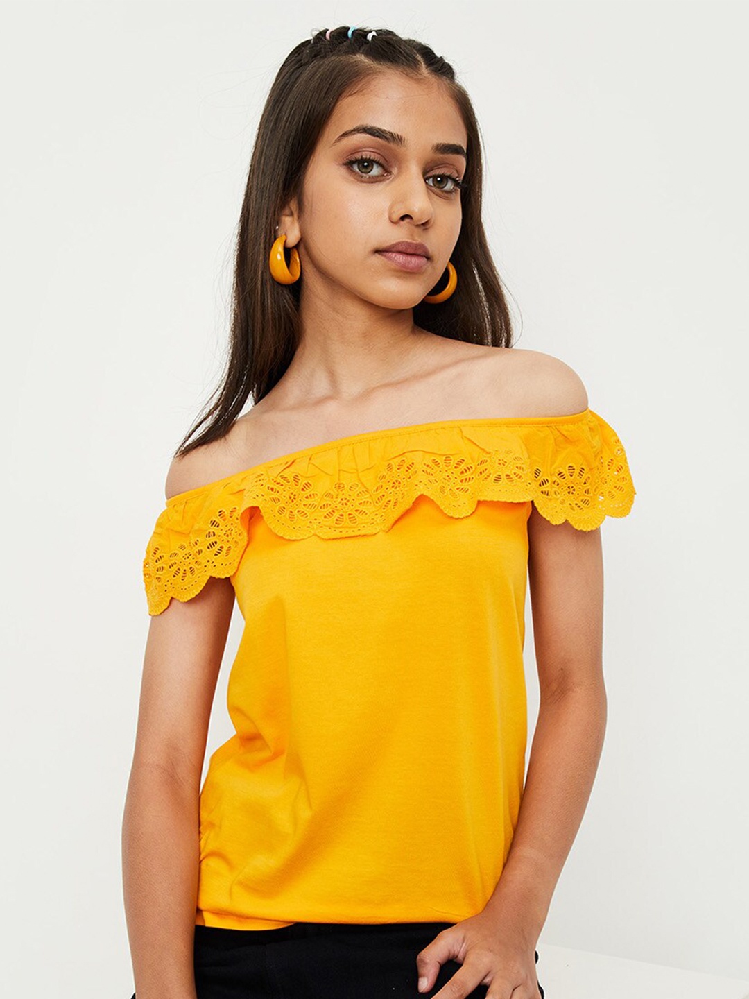 

max Girls Off-Shoulder Flutter Sleeve Pure Cotton Bardot Top, Yellow