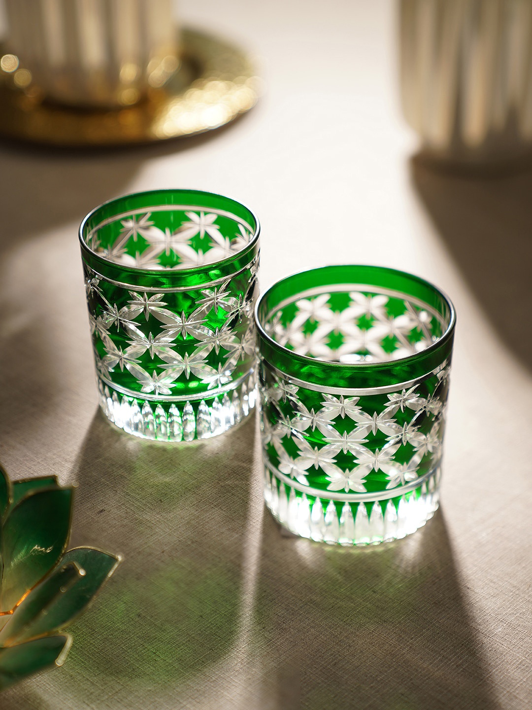 

Pure Home and Living Green & Transparent 4 Pieces Diamond Cut Glass Drinking Glasses
