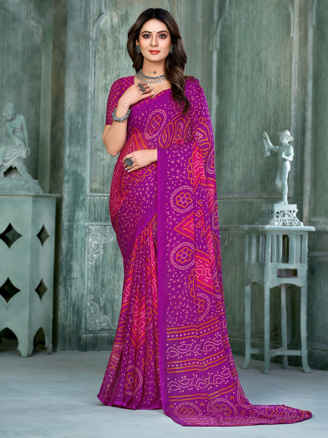 

Anouk Bandhani Printed Pure Chiffon Bandhani Saree, Purple