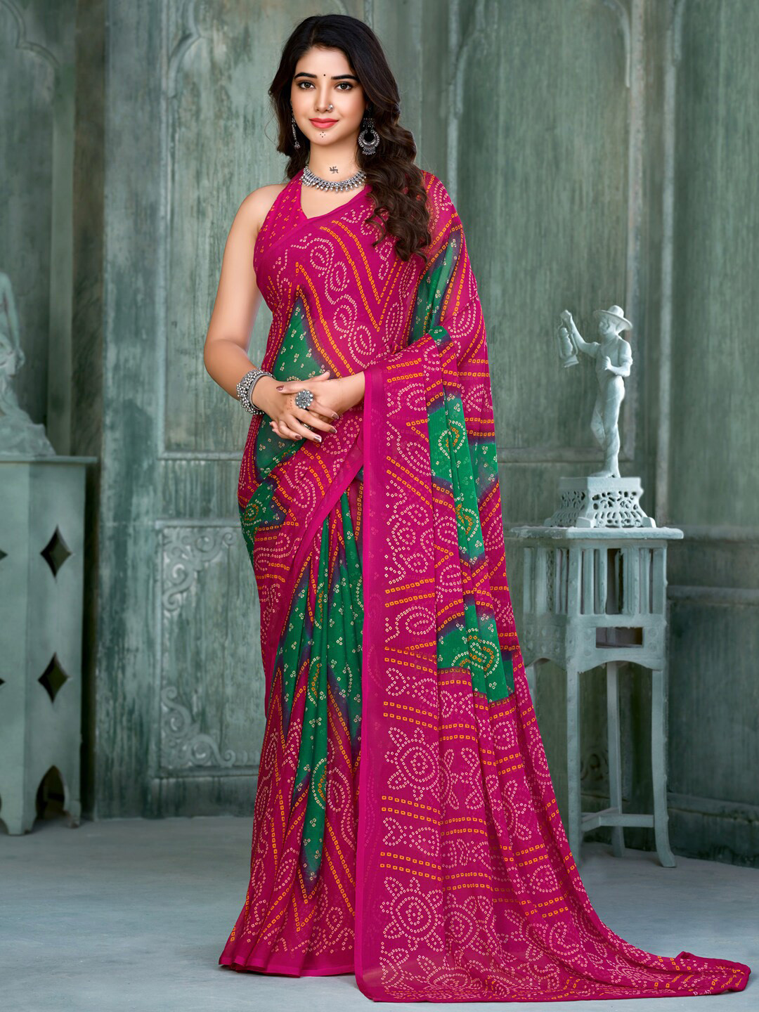 

Anouk Pink & Green Bandhani Printed Pure Chiffon Banarasi Saree