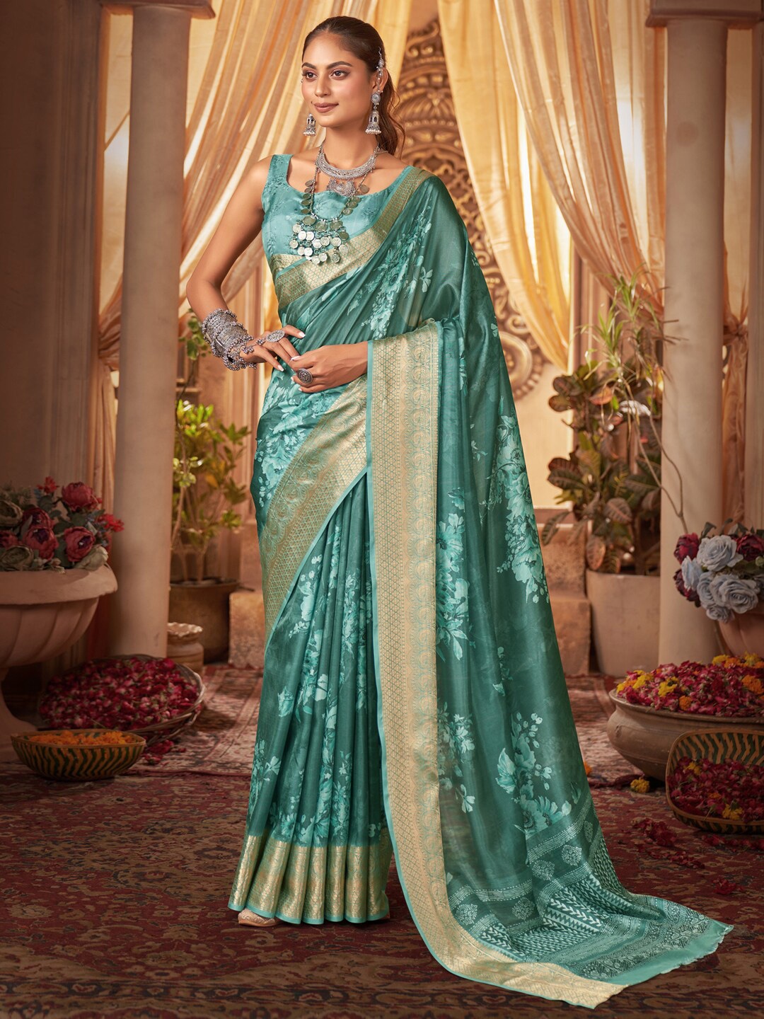 

Anouk Floral Printed Zari Silk Blend Sungudi Saree, Turquoise blue