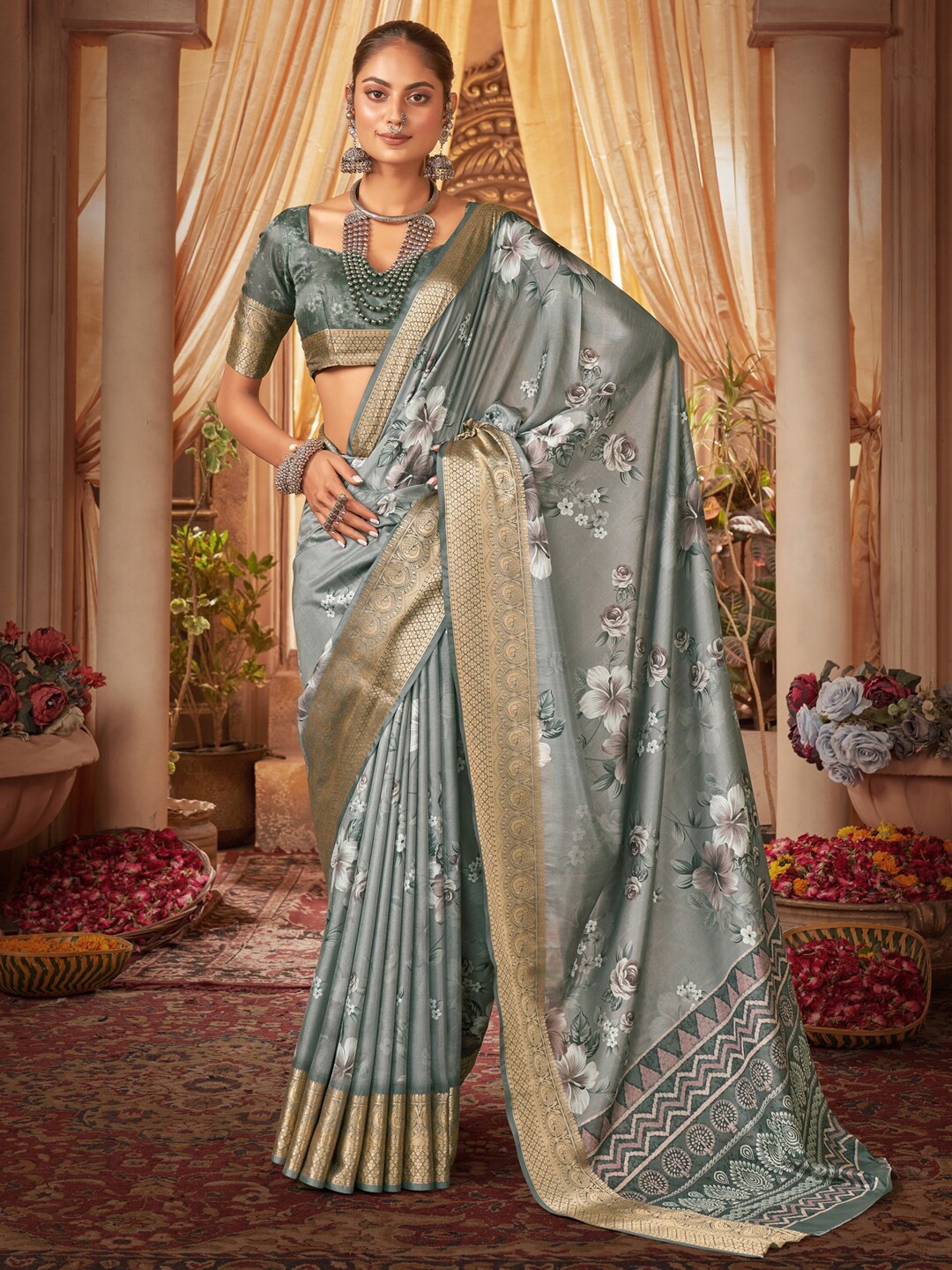 

Anouk Floral Printed Zari Detail Saree, Sea green