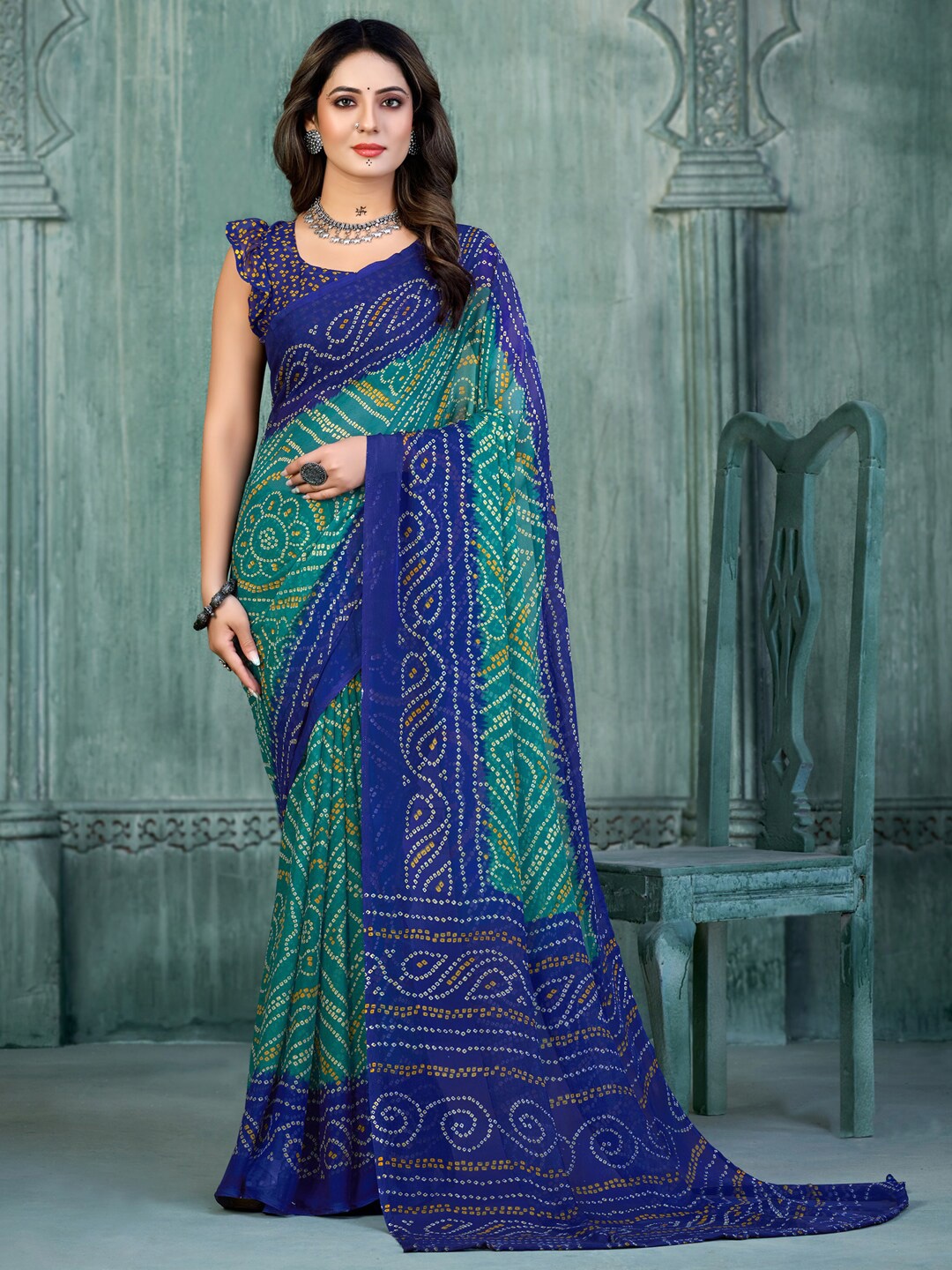 

Anouk Blue & Green Printed Chiffon Bandhani Saree