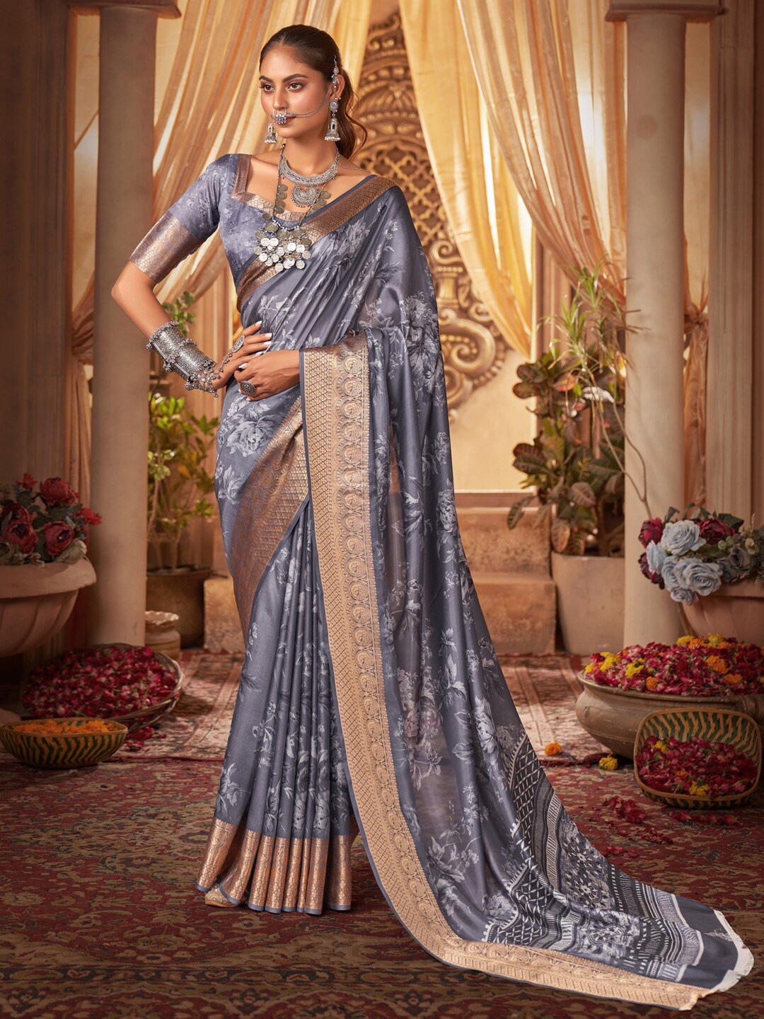 

Anouk Floral Printed Zari Silk Blend Saree, Blue