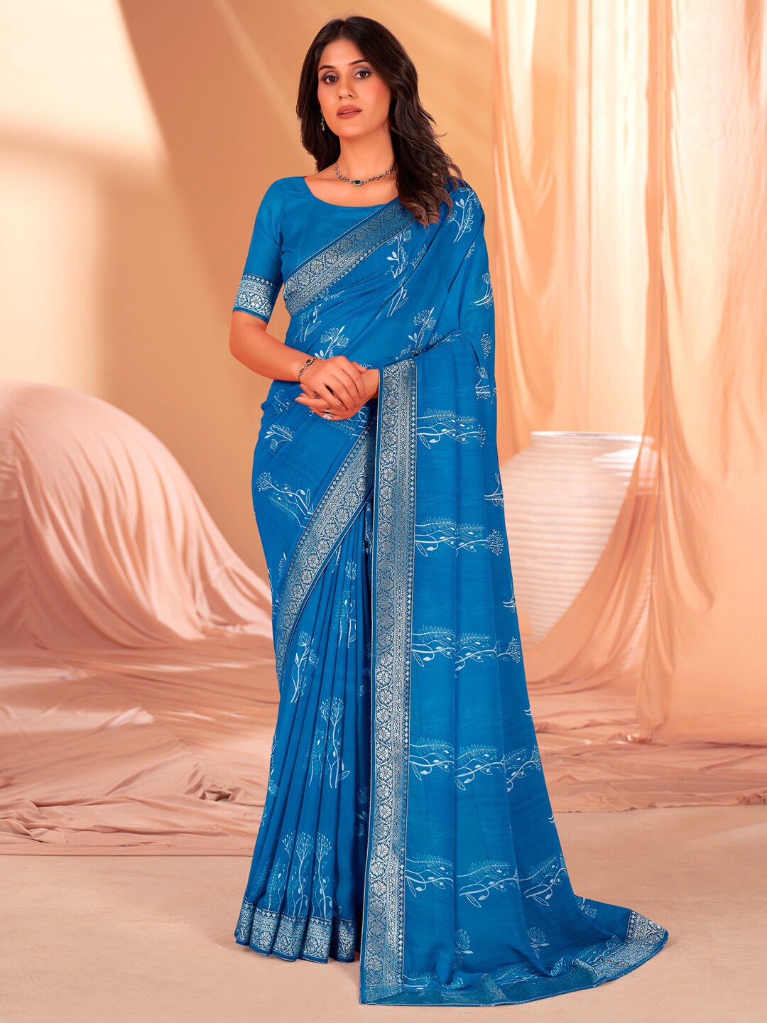 

Anouk Blue & Silver-Toned Floral Printed Zari Pure Georgette Saree