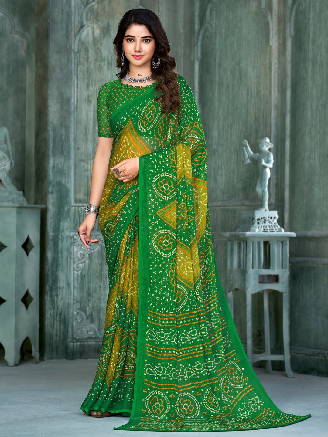 

Anouk Green & Yellow Bandhani Printed Pure Chiffon Bandhani Saree