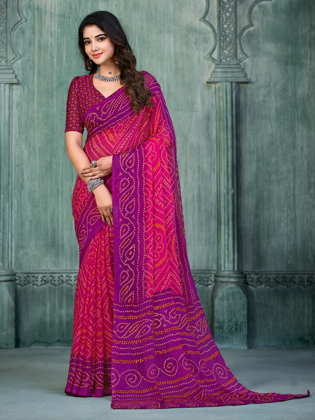 

Anouk Pink & Purple Bandhani Printed Pure Chiffon Saree