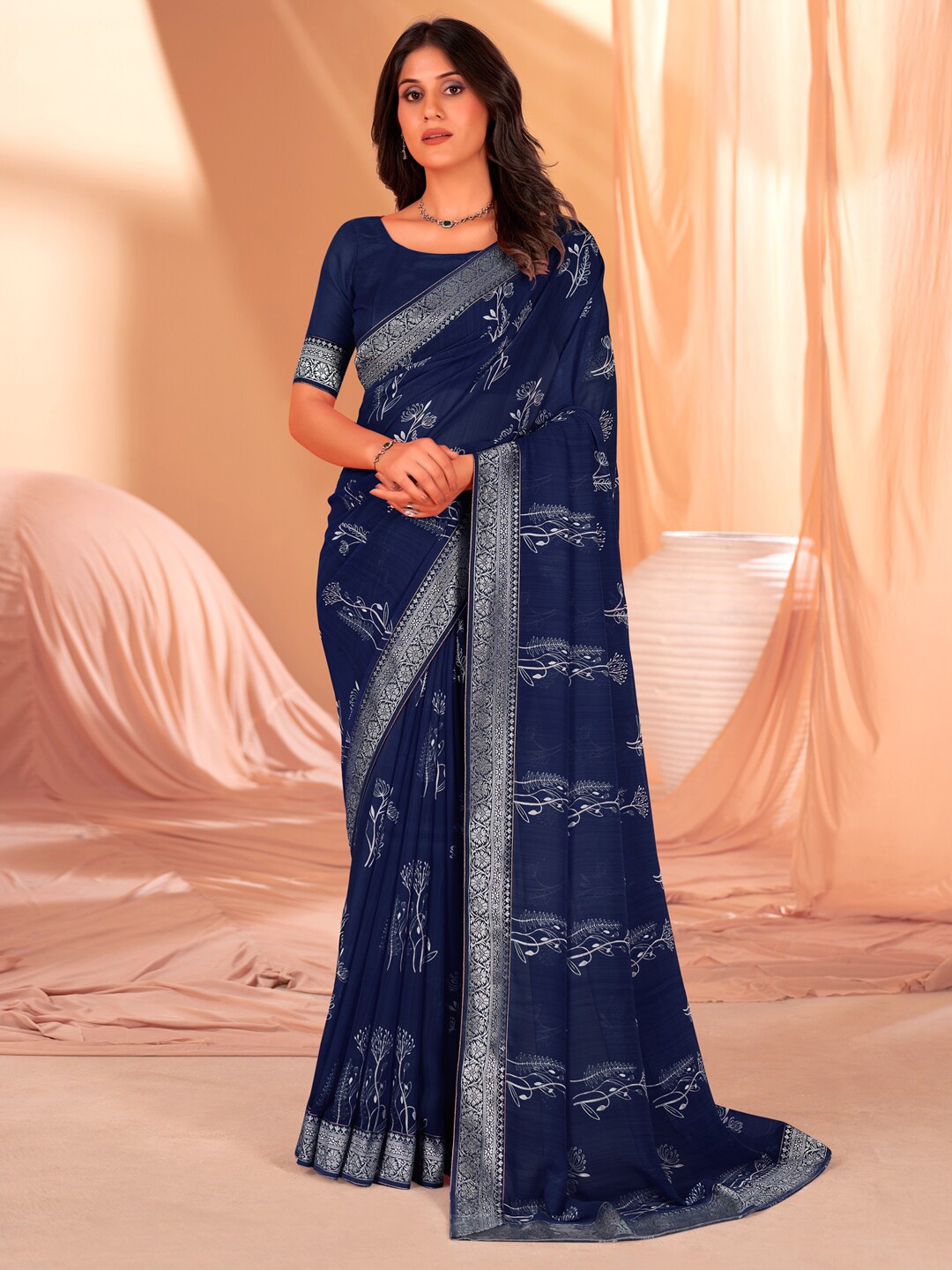 

Anouk Floral Printed Zari Detailed Saree, Navy blue