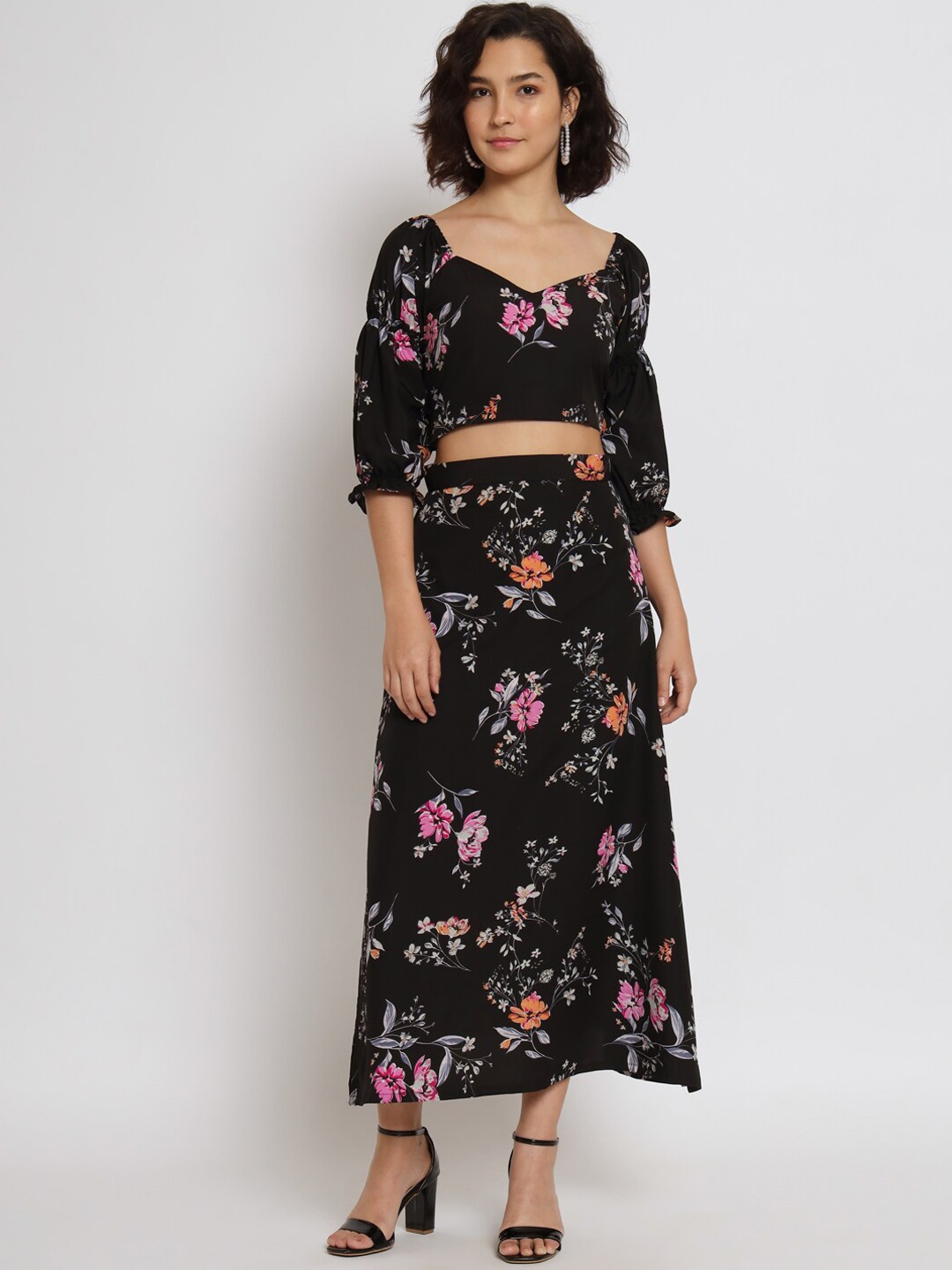 

all about you Floral Printed Sweetheart Neck Puff Sleeve Top & Skirt, Black