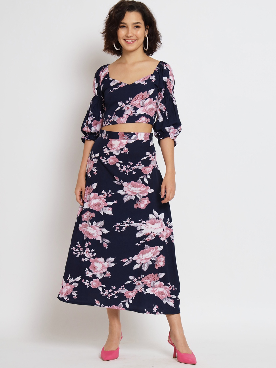 

all about you Floral Printed Sweetheart Neck Puff Sleeves Crop Top With Skirt, Blue