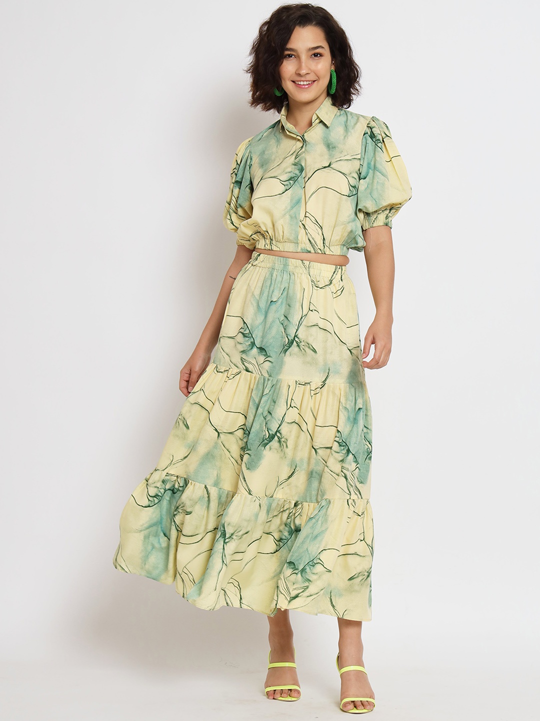 

all about you Abstract Printed Crop Top With Skirt, Green