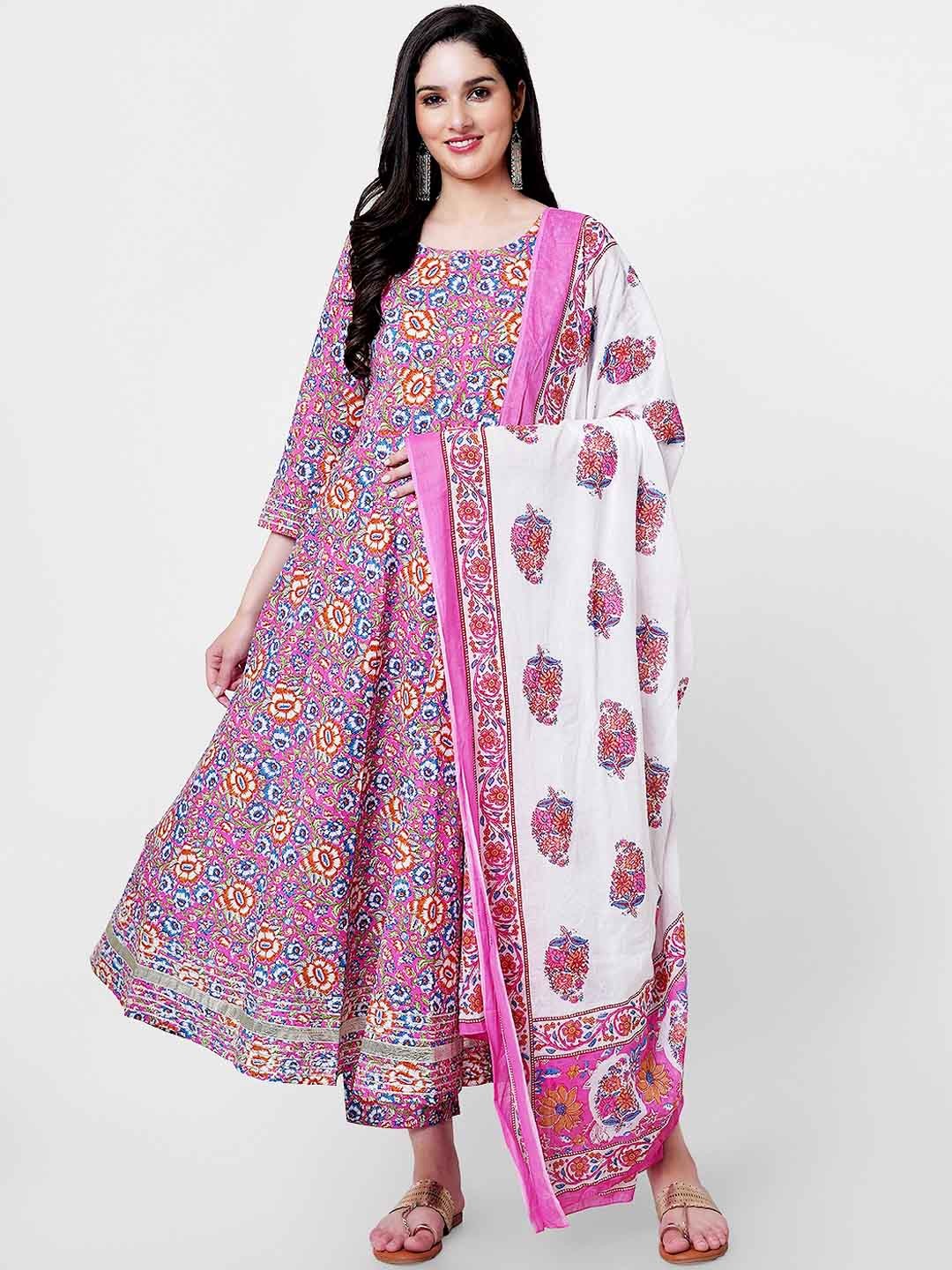 

KALINI Floral Printed Gotta Patti Pure Cotton Anarkali Kurta with Palazzos & With Dupatta, Pink