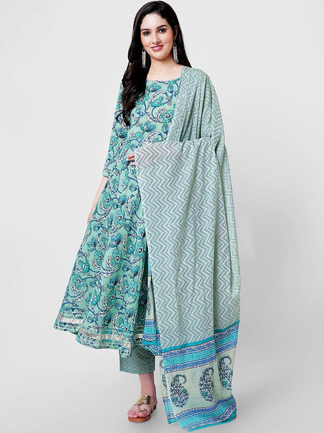 

KALINI Floral Printed Gotta Patti Pure Cotton Anarkali Kurta with Trousers & With Dupatta, Green