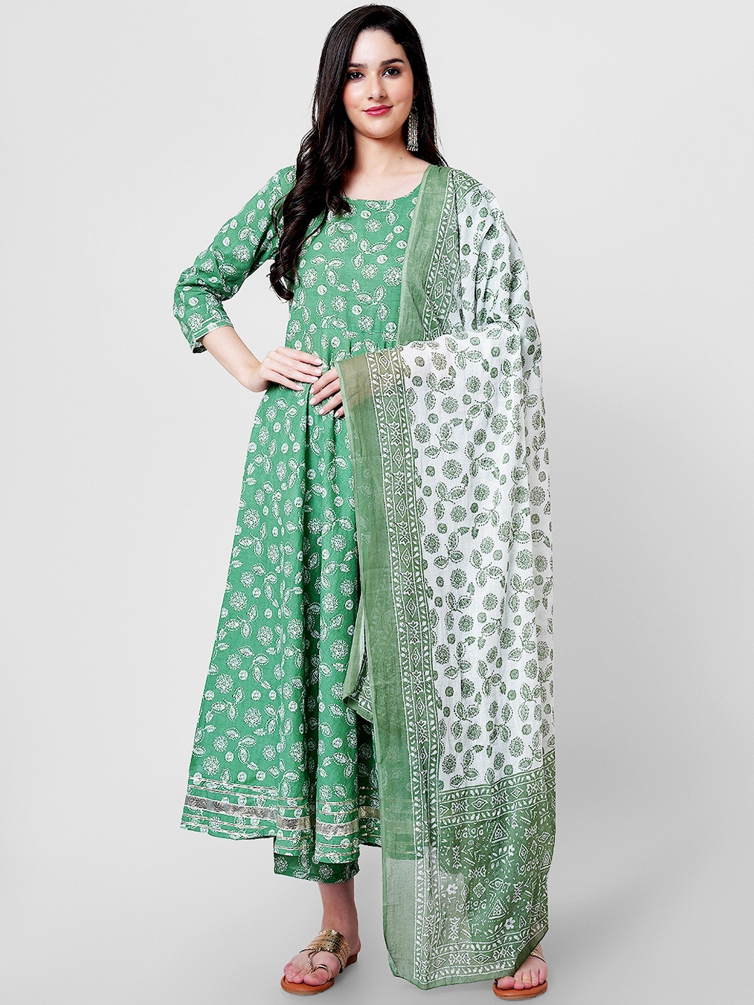 

KALINI Floral Printed Regular Pure Cotton Kurta With Trousers & With Dupatta, Green