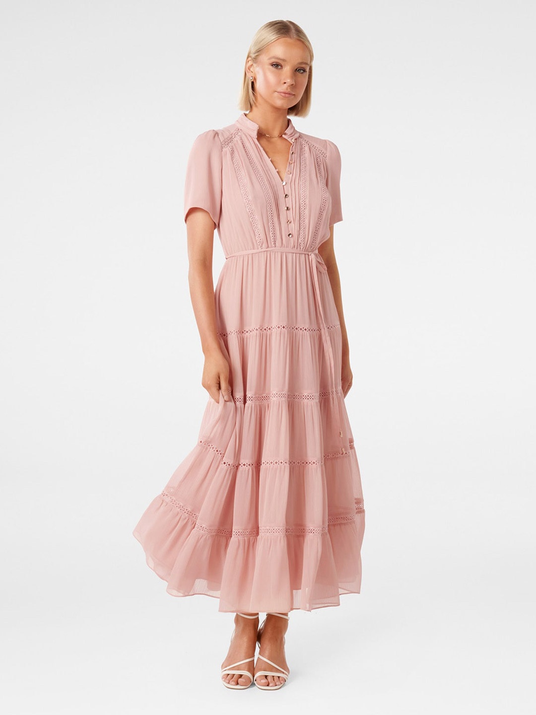 

Forever New Self Design Mandarin Collar Puff Sleeves Tiered Maxi Dress, Peach