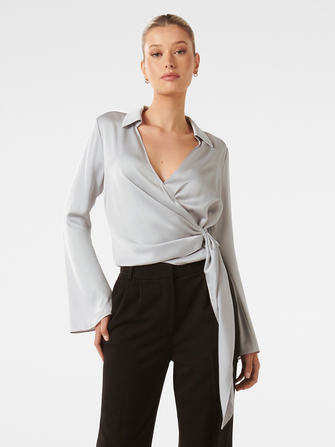

Forever New Shirt Collar Bell Sleeve Tie Up Satin Wrap Top, Grey