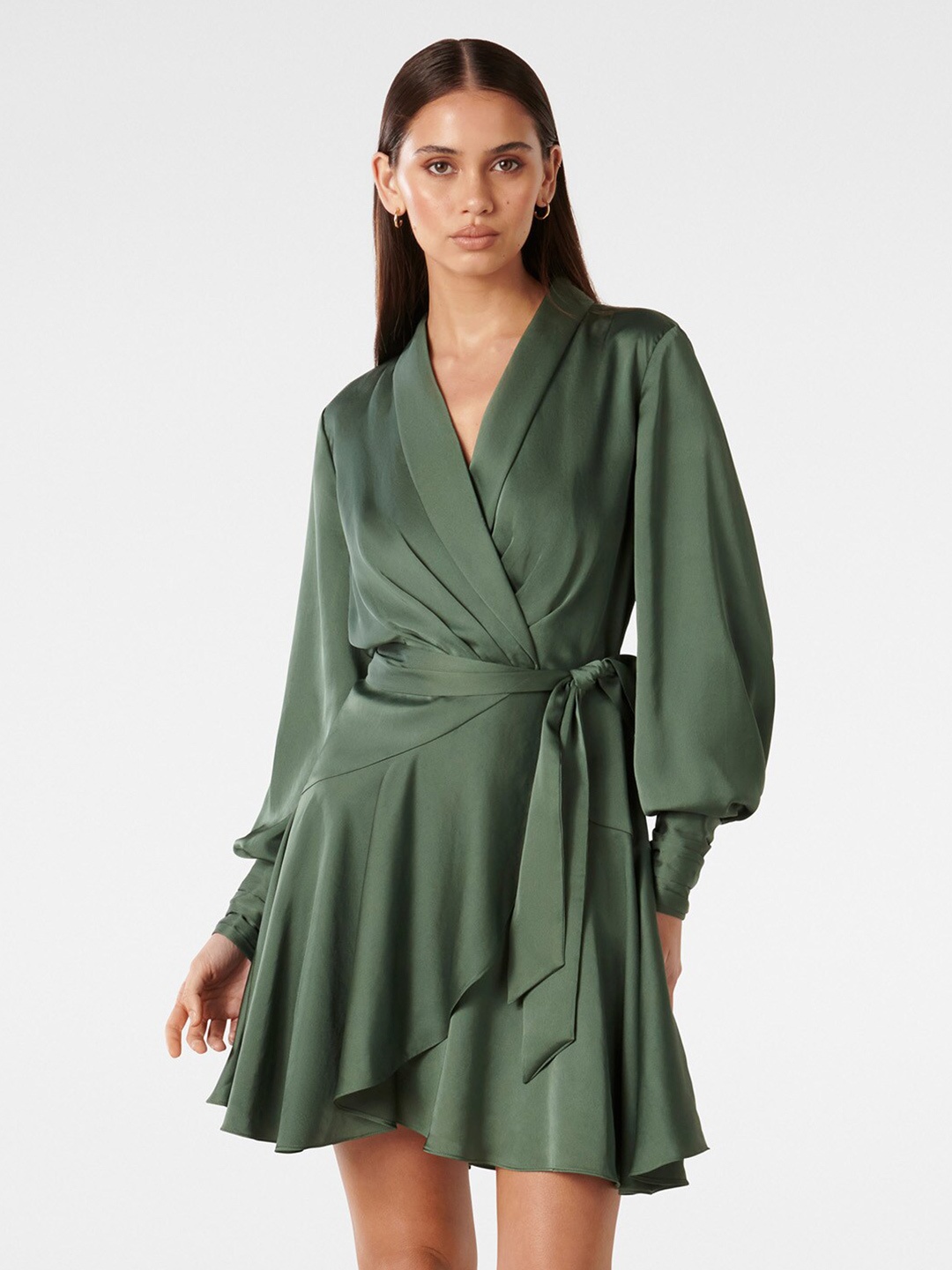 

Forever New V-Neck Bishop Sleeves Satin Mini Wrap Dress, Green