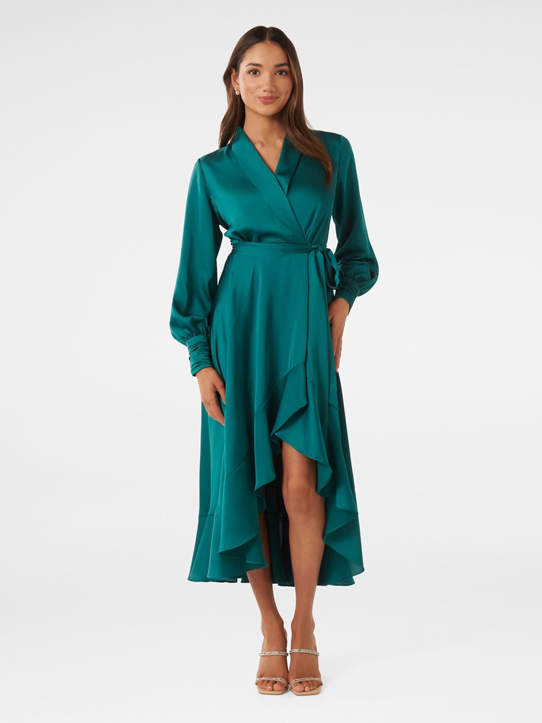 

Forever New V-Neck Bishop Sleeves High-Low Satin Midi Wrap Dress, Green