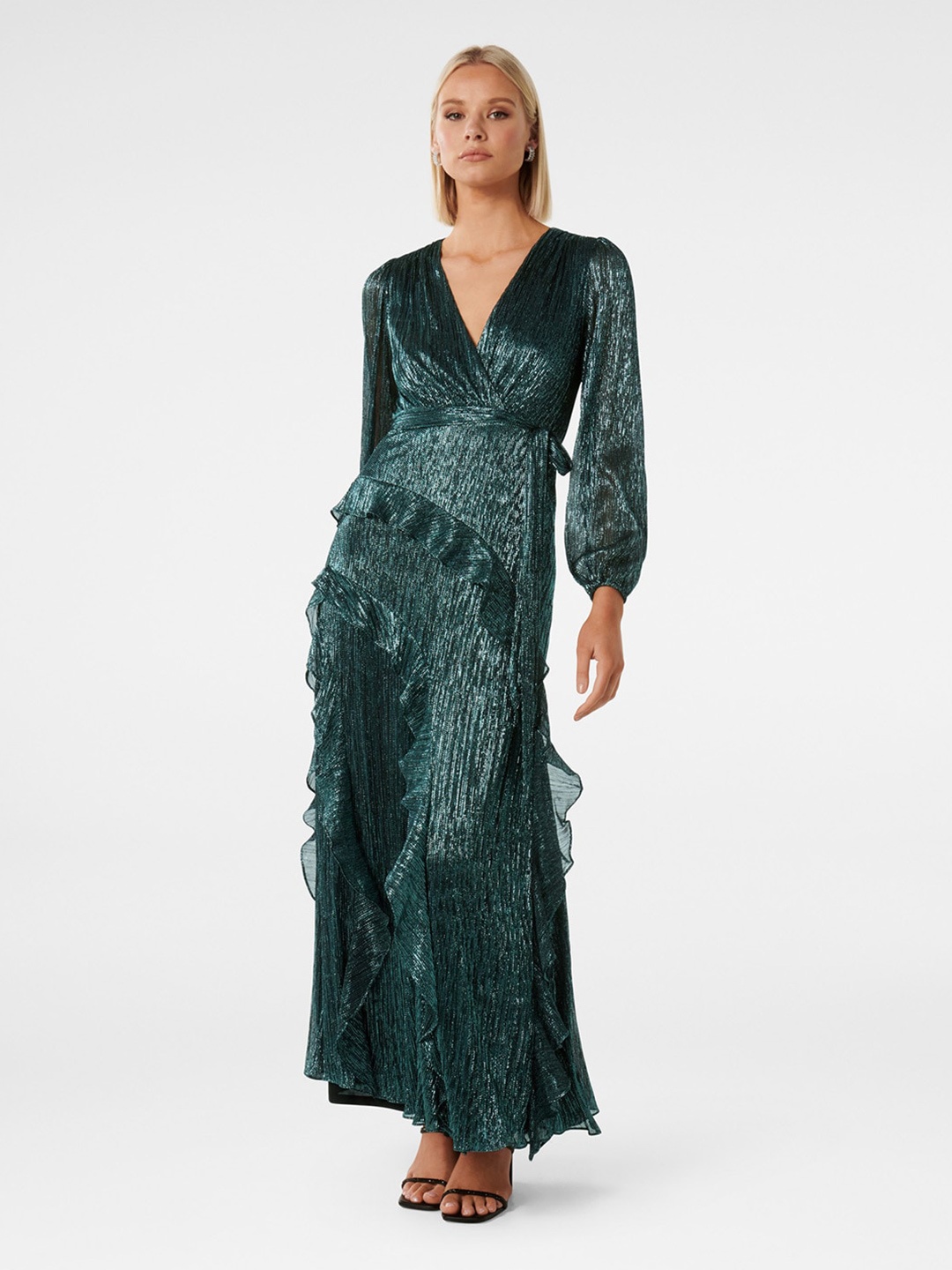 

Forever New Self Design Ruffles A-Line Maxi Dress, Green