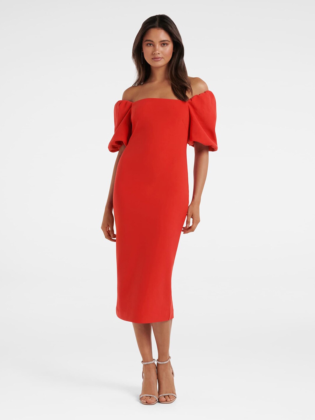 

Forever New Off-Shoulder Puff Sleeves Crepe Sheath Midi Dress, Red